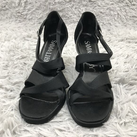 SAM & LIBBY SANDAL HEELS Carla Satin Black Straps 6.5 M - Picture 2 of 8